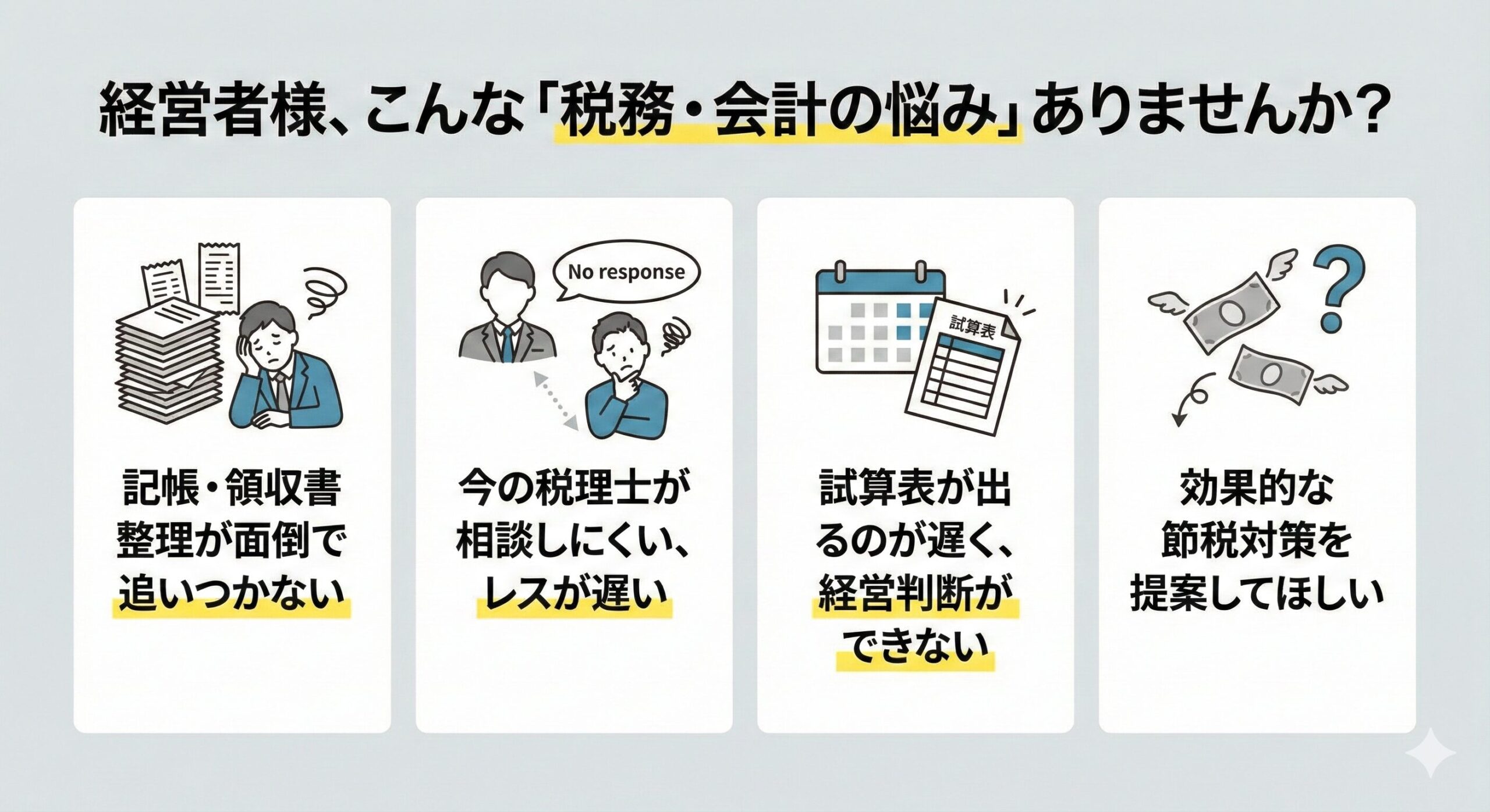 記帳が面倒、相談しにくい、試算表が遅い、節税提案がないといった経営者の悩み